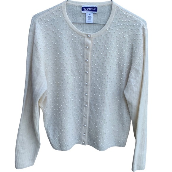 Vintage Pendleton Lambswool Faux Pearls Cardigan Sweater Women’s Size Medium - Picture 1 of 7